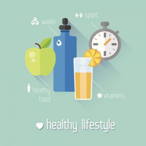 Healthy Lifestyle with apple, water bottle, stop watch and lemonade