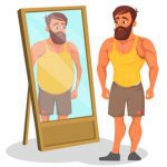 woman and man unhappily looking in the mirror