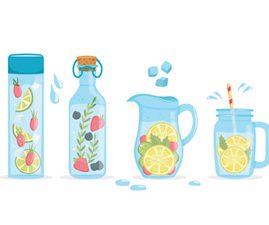 variety of water bottles filled with fruit
