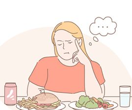 woman thinking about choosing fast food or vegan food