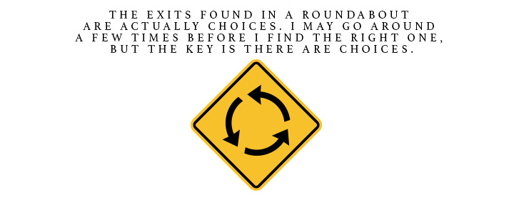 The exits found in a roundabout are actually choices. I may go around a few times before I find the right one, but the key is there are choice.