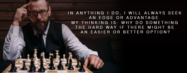 Man seeks and advantage in the game of chess.