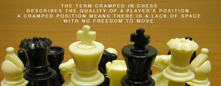 Chess pieces with text: "The term cramped in chess describes the quality of a player's position. A cramped position means there is a lack of space with no freedom to make."