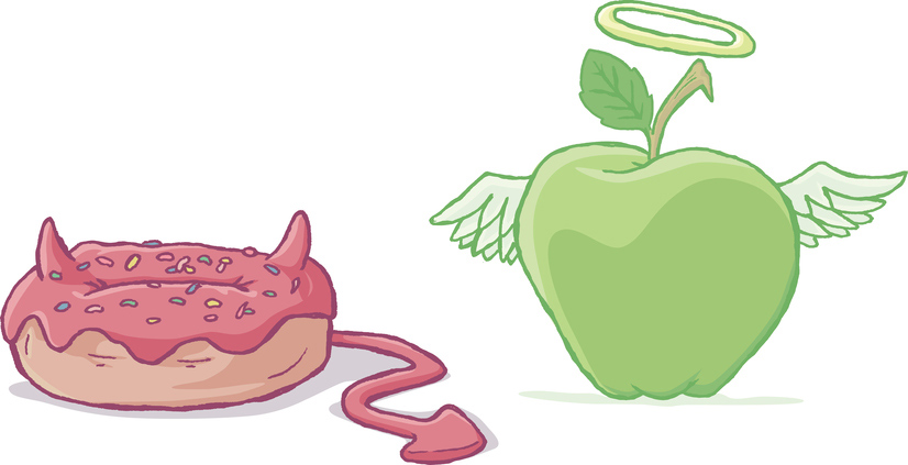 Donut with devil tail, apple with iongs