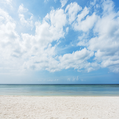 a sandy beach and a blue cloudy sky